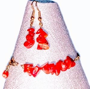 Red Corral Beaded Leather Bracelet with Earrings